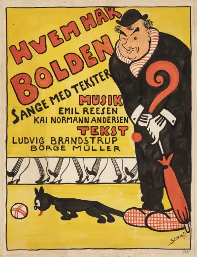 Forlæg til titelblad til ‘Hvem har Bolden’. Karikeret portræt af Carl Alstrup av Robert Storm Petersen
