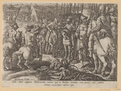 Giovanni De’ Medici Sends Back The Swiss Mercenaries av Jan van der Straet (Stradanus)