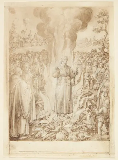 S Giovanni Alberti Fiorentinos historie Abbed Petrus beviser ved ildprøven, at bispen af Firenze er kætter og simonist av Jan van der Straet (Stradanus)