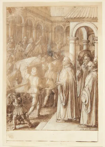 S Giovanni Alberti Fiorentinos historie Helgenen anklager på torvet biskopperne af Firenze for simoni av Jan van der Straet (Stradanus)