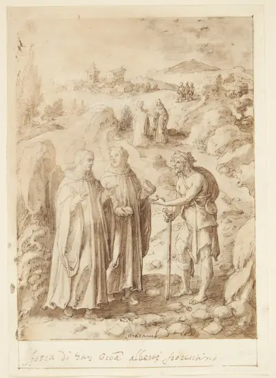 S Giovanni Alberti Fiorentinos historie Helgenen og den ledsagende munk giver en tigger deres sidste brød av Jan van der Straet (Stradanus)