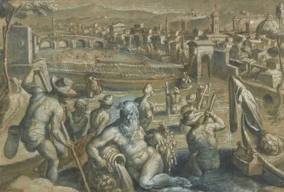 The Arno with Fishermen av Jan van der Straet (Stradanus)