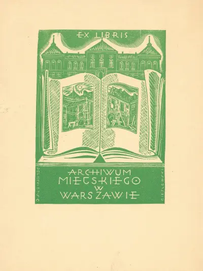 Ex libris för Warszaws stadsarkiv av Tadeusz Cieślewski