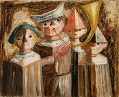 Four children with a trumpet av Tadeusz Makowski