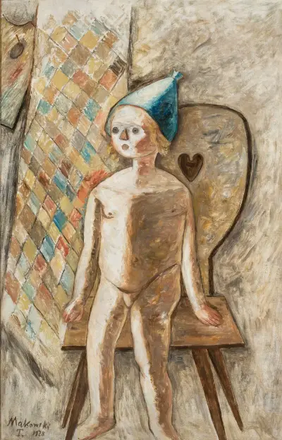 Nude little girl in a blue cap av Tadeusz Makowski