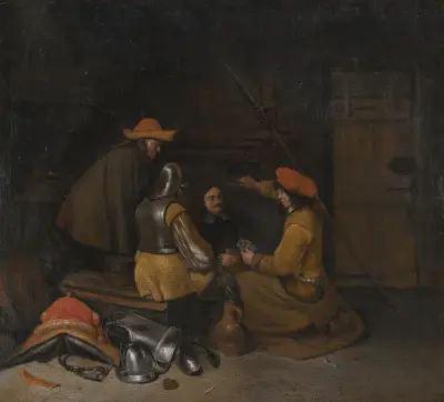 Vaktrum med fyra figurer som dricker och spelar kort av Gerard ter Borch