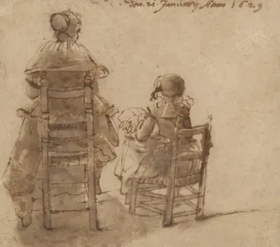 En dam och ett barn som knypplar spets av Gerard ter Borch