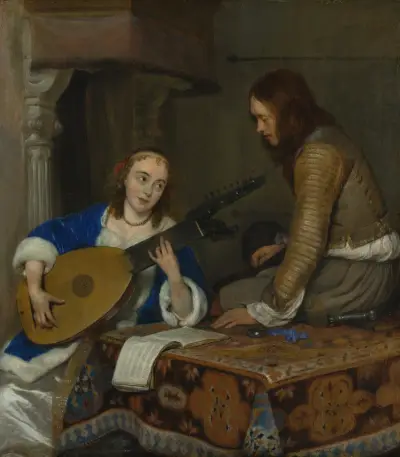 En kvinna som spelar teorb-luta och en kavaljer av Gerard ter Borch