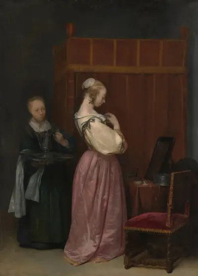 Ung kvinna vid sin toalett med en tjänarinna av Gerard ter Borch