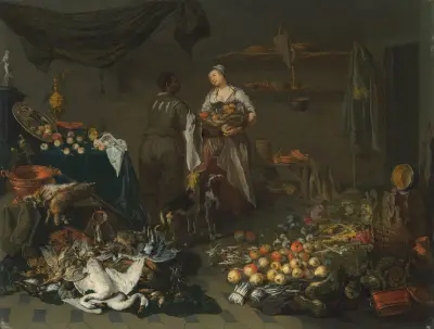 A kitchen interior with a maid and a servant conversing av Jan Van Kessel The Elder