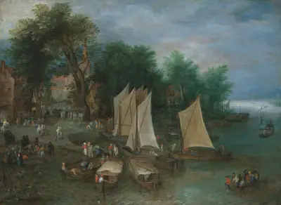 En landningsbrygga nära en by med fartyg och figurer av Jan Brueghel The Elder