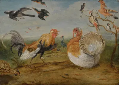 A Landscape With A Cockerel And A Turkey Squabbling, And Other Fowl av Jan Van Kessel The Elder