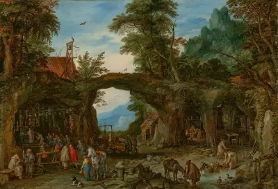 Ett bergigt skogslandskap med eremiter och en mässa vid en helgedom av Jan Brueghel The Elder