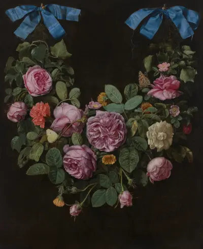 A swag of roses suspended from blue ribbons av Jan Van Kessel The Elder