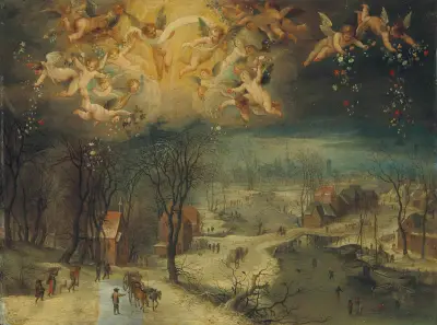 Vinterlandskap med bybor som samlar ved och skridskoåkare på en frusen flod, putti som strör blommor ovan av Jan Brueghel The Elder