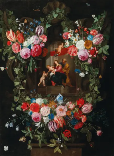A wreath of flowers surrounding a cartouche with the Holy Family and putti av Jan Van Kessel The Elder