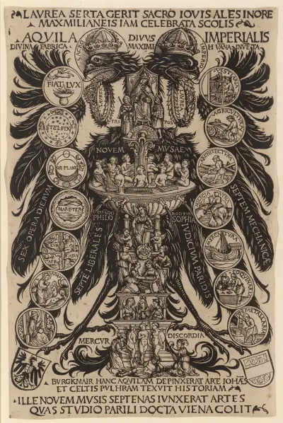 Allegorischer Reichsadler des Konrad Celtis mit den Künsten, dem Musenbrunnen und dem Urteil des Paris av Hans Burgkmair The Elder