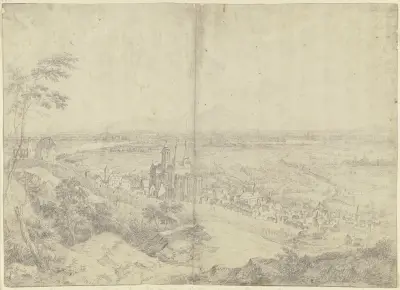 Blick auf Oppenheim am Rhein mit der Katharinenkirche, in der Ferne das Rheintal av Christian Georg Schütz the elder