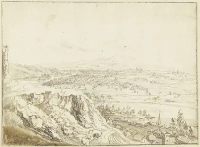Blick von einer Anhöhe über ein Flusstal auf ferne Berge, im Vordergrund eine Ortschaft, Schleppkähne auf dem Fluss av Christian Georg Schütz the elder