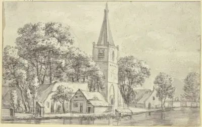Dorfkirche unter Bäumen am Kanal av Jan Van Kessel The Elder