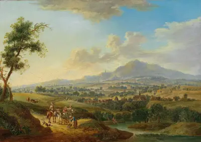 En kuperad flodlandskap med marknadsresenärer och fiskare av Christian Georg Schütz the elder