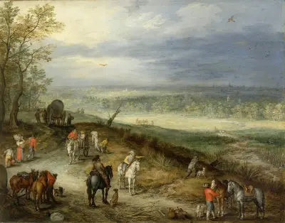 Vidsträckt landskap med resenärer på en landsväg av Jan Brueghel The Elder