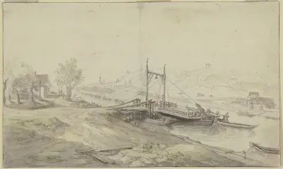 Flussfähre, zu beiden Seiten des Flusses Häuser av Christian Georg Schütz the elder