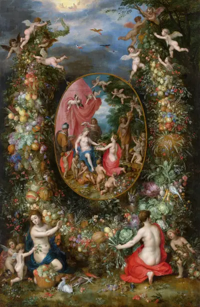 Garland of Fruit Surrounding a Depiction of Cybele Receiving Gifts From Personifications of The Four Seasons av Jan Brueghel The Elder