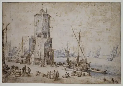 Hamnvy med åttkantigt torn och segelbåtar av Jan Brueghel The Elder