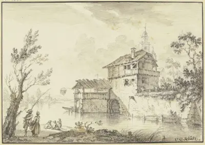 Häuser an einem Wasser, von einem Vorbau aus fischt ein Mann mit einem Netz, links an einem Baum ein Angler mit seiner Frau av Christian Georg Schütz the elder