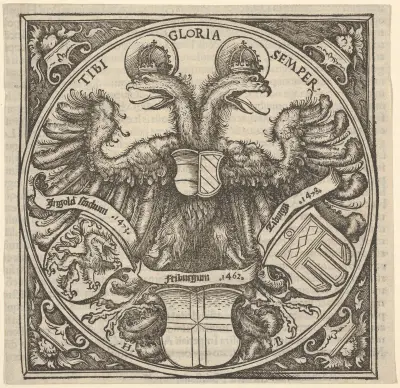 Kejserlig dubbelörn med vapensköldar för Ingolstadt, Freiburg och Tübingen, från Joan av Hans Burgkmair The Elder