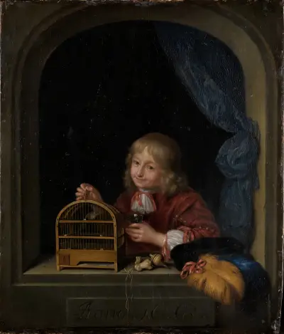 Knabe mit Vogelkäfig im Fenster av Frans van Mieris the Elder