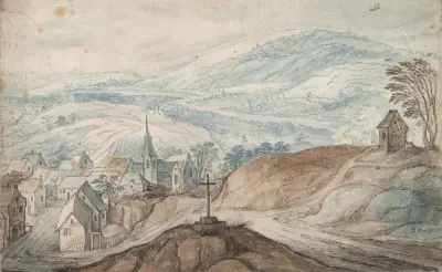 Landskap med by vid vägskäl och utsikt i fjärran av Jan Brueghel The Elder