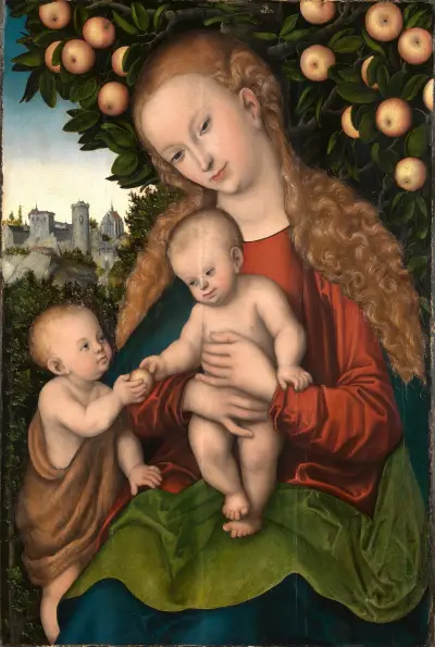 Maria mit dem Kind und dem Johannesknaben unter dem Apfelbaum av Lucas Cranach the Elder