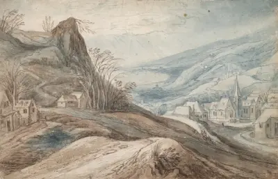 Bergslandskap med by i dalen och utsikt i fjärran av Jan Brueghel The Elder