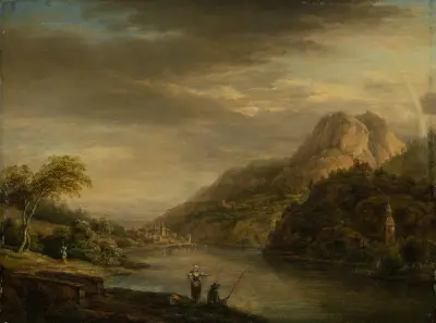 Mountainous River Landscape with Rainbow av Christian Georg Schütz the elder