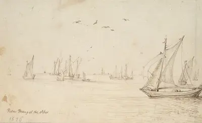Segelbåtar, en stad i fjärran av Jan Brueghel The Elder