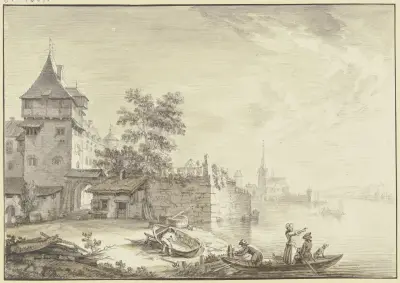 Stadttor bei einem Turm am Wasser (Oestrich), vorne ein Kahn mit drei Personen und einem Hund av Christian Georg Schütz the elder