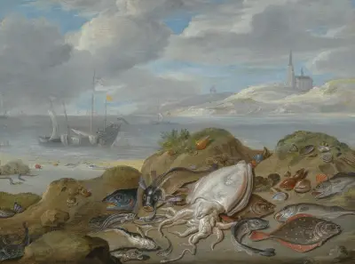 Still Life With Cuttle Fish, Plaice, Cod, Mussels And Other Fish On A Dune, A Church Across A River Estuary Beyond av Jan Van Kessel The Elder