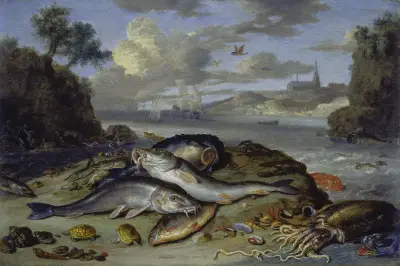 Still Life with Fish and Sea Animals in a Coastal Landscape av Jan Van Kessel The Elder