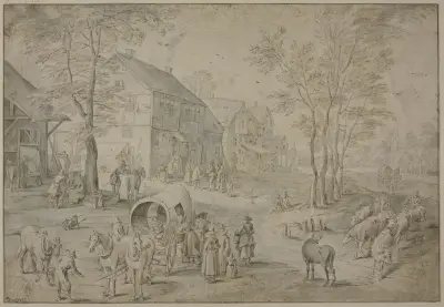 Straße in einem Dorf mit vielen Figuren av Jan Brueghel The Elder