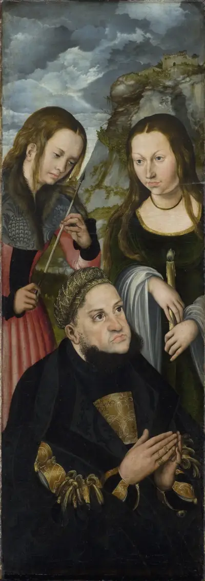 The Elector Frederic the Wise of Saxony (1463-1525) with the Saints Ursula (left) and Genevieve (right) av Lucas Cranach the Elder