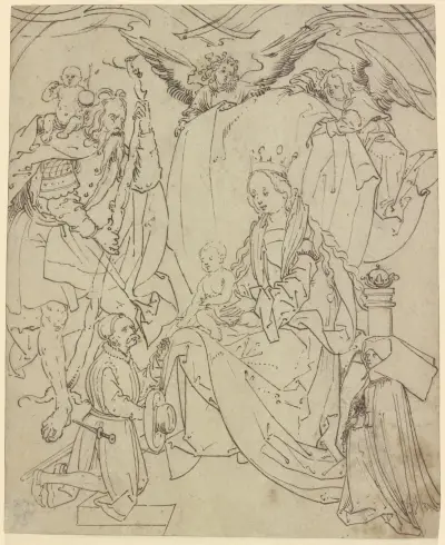 Thronende Madonna mit dem Heiligen Christophorus, zwei Engeln und zwei Stiftern av Hans Burgkmair The Elder