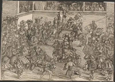 Tournament with the Tapestry of Samson and the Lion av Lucas Cranach the Elder