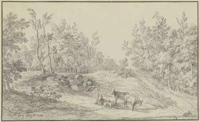 Waldlichtung, im Vordergrund drei Kühe und zwei Schafe av Christian Georg Schütz the elder