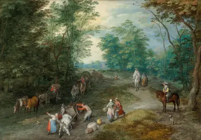 Skogslandskap med resenärer av Jan Brueghel The Elder