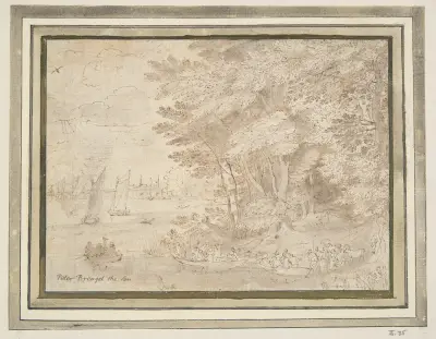 Skogsbeklädd strand med människor som stiger i båtar av Jan Brueghel The Elder