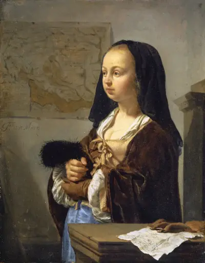 Young Woman with Feather Fan Prepared to Go Out av Frans van Mieris the Elder