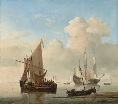 A Calm – A kaag alongside a smalschip at anchor, with a weyschuit being pushed off the shore and a man-of-war firing a salute beyond av Willem van de Velde the Younger