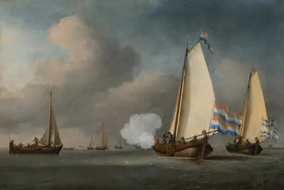 Stilla vatten med två boeierjakter, en avlossar salut av Willem van de Velde the Younger